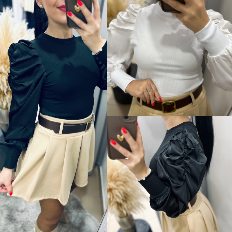 Rebrovaný top so satenovými rukávmi