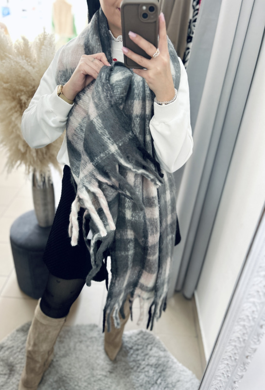 Károvaný šál- ružovo-sivý 1