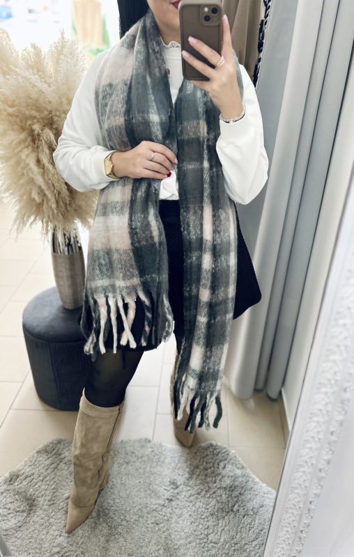 Károvaný šál- ružovo-sivý