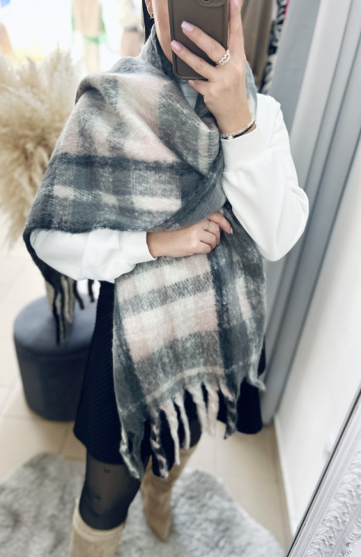 Károvaný šál- ružovo-sivý 3